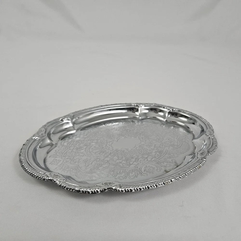 Vintage Silver Plate Card Serving Tray Trinket Jewelry Scalloped Edge Hong Kong